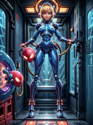 Just one woman, wearing mecha costume+Samus Aran costume+spider man costume, black with golden parts, gigantic breasts, multicolored hair, very short hair, straight hair, hair with bangs in front of the eyes, cybernetic helmet on the head, looking at the viewer, (((erotic pose interacting and leaning on something))), in a spaceship, with many machines,  robots, elevator, pipes with luminous water, window showing outer space, ((full body):1.5), ((Super Metroid)),16k, UHD, best possible quality, ((ultra detailed):1.2), best possible resolution, Unreal Engine 5, professional photography, perfect_hands
