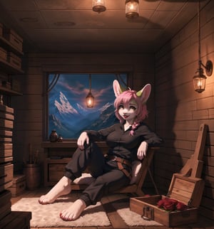 An adventure and exploration masterpiece, rendered in ultra-detailed 8K with vibrant, realistic details. | Rose, a young 23-year-old rabbit woman with ((green fur)), is dressed in a climbing outfit consisting of a long-sleeved shirt, sweatpants, mountain boots, gloves, belt with pockets, rope and a helmet. Her ((short pink hair)) is styled in a modern and stylish cut with tousled braids. ((She has golden eyes, looking at the viewer while smiling and showing her teeth, wearing red lipstick)). She is in a macabre, dark cave, with rock, wooden and metallic structures. The treasure chests and lamps on the walls add to the mysterious and spooky atmosphere of the place. The light from the lamps illuminates the room, creating ominous shadows on the walls. | The image highlights Rose's athletic figure and the architectural elements of the macabre cave. The rock, wooden and metal structures, along with the treasure chests and lamps on the walls, create a mysterious and frightening environment. The ominous shadows on the walls highlight the tension and fear in the scene. | Soft, shadowy lighting effects create a tense, fear-filled atmosphere, while rough, detailed textures on structures and clothing add realism to the image. | A terrifying scene of a young rabbit woman explorer in a macabre cave, exploring themes of adventure, exploration and fear. |  (((The image reveals a full-body shot as Rose assumes a sensual pose, engagingly leaning against a structure within the scene in an exciting manner. She takes on a sensual pose as she interacts, boldly leaning on a structure, leaning back and boldly throwing herself onto the structure, reclining back in an exhilarating way.))). | ((((full-body shot)))), ((perfect pose)), ((perfect arms):1.2), ((perfect limbs, perfect fingers, better hands, perfect hands, hands)), ((perfect legs, perfect feet):1.2), ((huge breasts)), ((perfect design)), ((perfect composition)), ((very detailed scene, very detailed background, perfect layout, correct imperfections)), Enhance, Ultra details++, More Detail, poakl