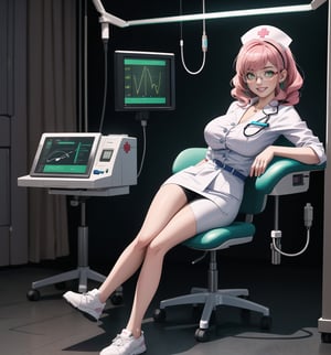 An ultra-detailed 16K masterpiece with realistic and medical styles, rendered in ultra-high resolution with precise details. | Clara, a young 23-year-old woman, dressed in a white nurse's outfit with blue details, consisting of a white blouse with buttons, a white skirt and white shoes. Her short, curly pink hair is slicked back with a white headband. (((His green eyes look at the viewer, smiling and showing his white teeth, wearing prescription glasses))). It is located in a sterile, white operating room with medical equipment and monitoring devices. Cold white light illuminates the room, creating a clinical and professional atmosphere. | The image highlights Clara's professional and careful figure and the medical elements of the operating room. The medical equipment, monitoring devices, along with the nurse, create a clinical and professional environment. Cool white lighting highlights the details of the scene. | Sharp, precise lighting effects create a clinical and professional atmosphere, while smooth, detailed textures on equipment and attire add realism to the image. | A realistic, medical scene of a young nurse in an operating room, fusing elements of realistic and medical art. | (((The image reveals a full-body shot as Clara assumes a relaxed pose, engagingly leaning against a structure within the scene in an exciting manner. She takes on a relaxed pose as she interacts, boldly leaning on a structure, leaning back and boldly throwing herself onto the structure, reclining back in an exhilarating way.))). | ((((full-body shot)))), ((perfect pose, perfect body):1.2), ((perfect arms):1.2), ((perfect limbs, perfect fingers, better hands, perfect hands, hands)), ((perfect legs, perfect feet):1.2), ((perfect design)), ((perfect composition)), ((very detailed scene, very detailed background, perfect layout, correct imperfections)), Enhance, Ultra details++, More Detail, poakl
