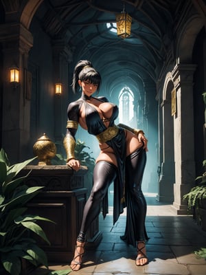 A woman, wearing a black ninja costume with blue parts, monstrously gigantic breasts, black hair, short hair, hair with bangs in front of her eyes, hair with ponytail, looking at the viewer, (((erotic pose interacting and leaning [on something in the environment|on an object]))), in a very old sewer with large altars, edra structures, gold figurines, sewer bottom with green acid river full of floating skeletons, ((full body):1.5), 16k, UHD, best possible quality, ultra detailed, best possible resolution, Unreal Engine 5, professional photography, ((well-detailed fingers)), ((well-detailed hand)), ((perfect_hands)), ((mortal_kombat))