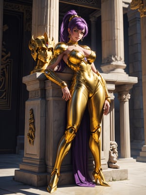 A woman, wearing gold armor+robotic suit covering her entire body, extremely large breasts, purple hair, short hair, hair with ponytail, hair with bangs covering the eye, helmet on the head, helmet on the head, (((staring at the viewer, pose interacting and leaning [on something|on an object]))), in the underwater temple of Poseidon, with many structures, altars, figurines, seabed with various structures, ((full body):1.5), 16k, UHD, best possible quality, ultra detailed, best possible resolution, Unreal Engine 5, professional photography, well-detailed fingers, well-detailed hand, perfect_hands, ((saint seiya - Mu of aries)) 