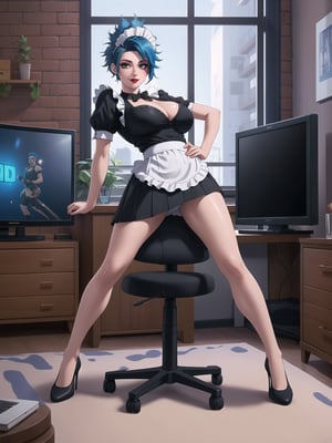 Solo woman, wearing maid's costume, all black with white parts, very short white skirt, gigantic breasts, mohawk hair, blue hair, messy hair, looking directly at the viewer, she is in a very large apartment, with furniture, computers, plasma TV, bed, glass table, chair, window, instant, 16k, UHD, best possible quality, ultra detailed,  best possible resolution, Unreal Engine 5, professional photography, she is, ((interaction and leaning on anything+object+on something+leaning against+sensual pose))+(full body:1.3), More detail, better_hands ,perfect