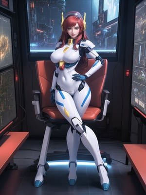 Solo woman, wearing mecha Suit+Gundam suit+cybernetic armor all white+parts in red+yellow, very tight body suit, wearing (robotic helmet with transparent color display, gigantic breasts), mohawk hair, blue hair, messy hair, ((looking directly at the viewer)), she is in a futuristic laboratory, with many machines with living beings inside, being shown by a display, computers, table with chair streaming, video games, window showing the city at night, 16k, UHD, super metroid, mecha, gundam, Unreal Engine 5, professional photography, she is, ((interaction and leaning on anything+object+on something+leaning against+sensual pose, full body)), More detail, better_hands,