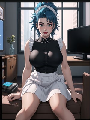 Solo woman, wearing maid's costume, all black with white parts, very short white skirt, gigantic breasts, mohawk hair, blue hair, messy hair, looking directly at the viewer, she is in a very large apartment, with furniture, computers, plasma TV, bed, glass table, chair, window, instant, 16k, UHD, best possible quality, ultra detailed, best possible resolution, Unreal Engine 5, professional photography, she is, ((interaction and leaning on anything+object+on something+leaning against+sensual pose+full body)), More detail, better_hands, perfect,perfect