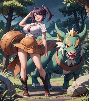 Masterpiece in HD resolution, inspired by Pokémon style and Ken Sugimori's Fakemon design. | On a rainy night in a dense forest, we find Ayane, a 22-year-old Pokémon trainer, with huge breasts, wearing a short white crop top and a pleated skirt, both clothes clinging tightly to her body. She complements the look with brown leather boots, the snug outfit enhancing her curves. Ayane has piercing ((red_eyes)), fixed on the viewer, a ((devilish_smile)) on her luscious ((blue_lips)). Her short blue hair is adorned with a large fringe that partially covers her right eye and two pigtails, all in perfect harmony with Ken Sugimori's distinctive style. | Beside her, in contrast to the darkness of the night, is her faithful ground-type Pokémon. Its brown fur is interspersed with shades of green, while large scales adorn its head, highlighting its imposing nature. Both are positioned amidst rocky and wooden structures, fallen tree trunks, mysterious altars, and ancient pillars, all illuminated by the dim light of the heavily falling rain. | The scene conveys a sense of mystery and power, where Ayane and her Pokémon prepare to face unknown challenges on this stormy night in the forest. | {The camera is positioned very close to her, revealing her entire body as she adopts a exciting pose, interacting with and leaning on a structure in the scene in an exciting way}, | She is adopting a (((exciting pose as interacts, boldly leaning on a structure, leaning back in an exciting way))), ((exciting pose):1.3), ((perfect_pose)), ((perfect_pose):1.5), (((full body image))), ((perfect_fingers, perfect_hands, better_hands)), ((More Detail)), huge_breasts,