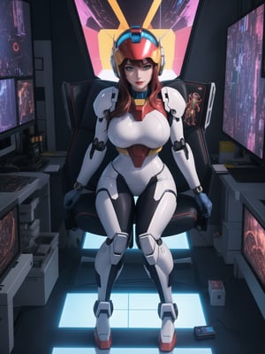 Solo woman, wearing mecha Suit+Gundam suit+cybernetic armor all white+parts in red+yellow, very tight body suit, wearing (robotic helmet with transparent color display, gigantic breasts), mohawk hair, blue hair, messy hair, ((looking directly at the viewer)), she is in a futuristic laboratory, with many machines with living beings inside, being shown by a display, computers, table with chair streaming, video games, window showing the city at night, 16k, UHD, best possible quality, ultra detailed, best possible resolution, Unreal Engine 5, super metroid, mecha, gundam, she is, ((interaction and leaning on anything+object+on something+leaning against+sensual pose+full body)), More detail, better_hands,