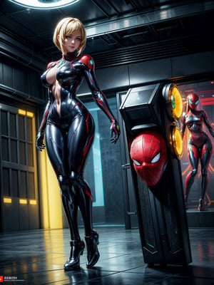 Just one woman, wearing mecha costume+Samus Aran costume+spider man costume, black with golden parts, gigantic breasts, multicolored hair, very short hair, straight hair, hair with bangs in front of the eyes, cybernetic helmet on the head, looking at the viewer, (((erotic pose interacting and leaning on something)))), in a spaceship, with many machines, robots, elevator, pipes with luminous water, window showing outer space, ((full body):1.5), ((Super Metroid)),16k, UHD, best possible quality, ((ultra detailed):1.2), best possible resolution, Unreal Engine 5, professional photography, perfect_hands