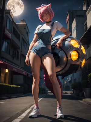 A woman, wearing blue overalls, white T-shirt, tight clothing, white sneakers, monstrously giant breasts, pink hair, short hair, hair with bangs in front of her eyes, (cat ears, with pink hair on her head), (((looking at the viewer, posing interacting and leaning [on something|on an object]))), in a digital city with many monsters, vehicles, machines, is at night, moon at top left, ((full body):1.5), 16k, UHD, best possible quality, ultra detailed, best possible resolution, Unreal Engine 5, professional photography, well-detailed fingers, well-detailed hand, perfect_hands, ((super metroid)) + ((Digimon))