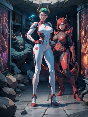 A woman, wearing a mecha suit+cybernetic armor+latex suit, suit with all white with parts in red, suit covering the whole body, suit with lights attached, (gigantic breasts), (horns) on the head, green hair, very short hair, mohawk hair, hair with bangs in front of the eyes, (looking at the viewer), ((((sensual pose, Interacting, leaning on anything, object, leaning against)))), in the underworld in a battlefield with many stone structures, altars with ancient writings, monsters fallen on the ground, glowing slimes, destroyed torture machines, wooden boards, large stones destroyed, altars with ancient writings, many demons, 16K, UHD, unreal engine 5, (full body:1.5), quality max, max resolution, more detail, ultra-realistic, ultra-detailed, maximum sharpness, perfect_hands, better_hand, 