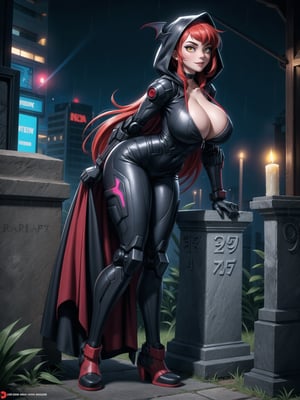 A vampire woman, wearing a black mecha suit with red parts+suit with circular lights+robotic armor, gigantic breasts, wearing a hood, red hair, hair with bangs in front of the eyes, straight hair, (looking at the viewer), (((sensual pose+Interacting+leaning on anything+object+leaning against))), in a futuristic cemetery at night raining, with many structures, tombstones, altars, coffins, candles illuminating the place, 16K, UHD, (((full body))), unreal engine 5, quality max, max resolution, ultra-realistic, ultra-detailed, maximum sharpness, (perfect_hands:1), ((perfect_legs)), Goodhands-beta2, ((cyberpunk, gigantic breasts, A vampire woman, wearing a hood, extremely pale skin))