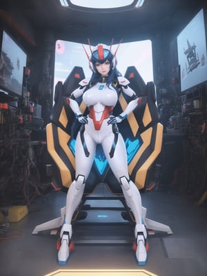 Solo woman, wearing mecha Suit+Gundam suit+cybernetic armor all white+parts in red+yellow, very tight body suit, wearing (robotic helmet with transparent color display, gigantic breasts), mohawk hair, blue hair, messy hair, ((looking directly at the viewer)), she is in a futuristic laboratory, with many machines with living beings inside, being shown by a display, computers, table with chair streaming, video games, window showing the city at night, (full body:1.5), 16k, UHD, super metroid, mecha, gundam, Unreal Engine 5, professional photography, she is, (((interaction and leaning on anything+object+on something+leaning against+sensual pose))), More detail, better_hands