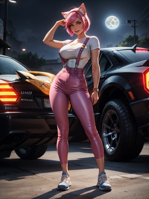 A woman, wearing blue overalls, white T-shirt, tight clothing, white sneakers, monstrously giant breasts, pink hair, short hair, hair with bangs in front of her eyes, (cat ears, with pink hair on her head), (((looking at the viewer, posing interacting and leaning [on something|on an object]))), in a digital city with many monsters, vehicles, machines, is at night, moon top left, ((full body):1.5), 16k, UHD, best possible quality, ultra detailed, best possible resolution, Unreal Engine 5, professional photography, well-detailed fingers, well-detailed hand, perfect_hands, ((super metroid)) + ((Digimon))