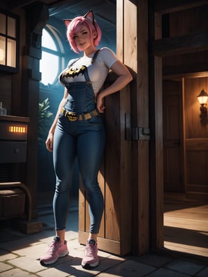 A woman, wearing blue overalls, white T-shirt, tight clothing, white sneakers, monstrously giant breasts, pink hair, short hair, hair with bangs in front of her eyes, (cat ears, with pink hair on her head), (((looking at the viewer, posing interacting and leaning [on something|on an object]))), at the entrance of a wooden house with many,  vehicles, structures, machines, is at night, moon at top left, ((full body):1.5), 16k, UHD, best possible quality, ultra detailed, best possible resolution, Unreal Engine 5, professional photography, well-detailed fingers, well-detailed hand, perfect_hands, ((super metroid)) + ((batman))