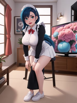 Solo woman, wearing maid's costume, all black with white parts, very short white skirt, gigantic breasts, mohawk hair, blue hair, messy hair, looking directly at the viewer, she is in a very large apartment, with furniture, computers, plasma TV, bed, glass table, chair, window, instant, 16k, UHD, best possible quality, ultra detailed,  best possible resolution, Unreal Engine 5, professional photography, she is, (((interaction and leaning on anything+object+on something+leaning against+sensual pose+full body+perfect_pose))), better_hands ,perfect, More detail,