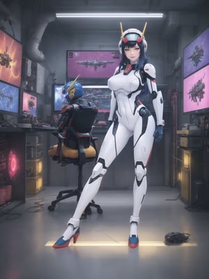 Solo woman, wearing mecha Suit+Gundam suit+cybernetic armor all white+parts in red+yellow, very tight body suit, wearing (robotic helmet with transparent color display, gigantic breasts), mohawk hair, blue hair, messy hair, ((looking directly at the viewer)), she is in a futuristic laboratory, with many machines with living beings inside, being shown by a display, computers, table with chair streaming, video games, window showing the city at night, (full body:1.5), 16k, UHD, super metroid, mecha, gundam, Unreal Engine 5, professional photography, she is, (((interaction and leaning on anything+object+on something+leaning against+sensual pose):1.4), More detail, better_hands, perfect pose,