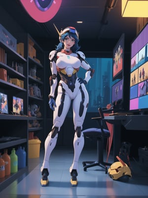Solo woman, wearing mecha Suit+Gundam suit+cybernetic armor all white+parts in red+yellow, very tight body suit, wearing (robotic helmet with transparent color display, gigantic breasts), mohawk hair, blue hair, messy hair, ((looking directly at the viewer)), super metroid, mecha, gundam, she is in a futuristic laboratory, with many machines with living beings inside, being shown by a display, computers, table with chair streaming, video games, window showing the city at night, (full body:1.5), 16k, UHD, best possible quality, ultra detailed, best possible resolution, Unreal Engine 5, professional photography, she is doing, ((sensual pose with interaction and leaning on anything + object + on something + leaning against):1) + (perfect pose:1.2, perfect_body:1.2) + ((perfect_thighs, perfect_legs, perfect_feet)), More detail, better_hands,