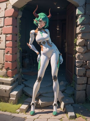 A woman, wearing a mecha suit+cybernetic armor+latex suit, suit with all white with parts in red, suit covering the whole body, suit with lights attached, gigantic breasts, horns on the head, green hair, very short hair, mohawk hair, hair with bangs in front of the eyes, (looking at the viewer), ((((sensual pose+Interacting+leaning on anything+object+leaning against)))) in the underworld in a battlefield, with many stone structures, altars with ancient writings, monsters fallen on the ground, glowing slimes, destroyed torture machines, wooden boards, large stones destroyed, altars with ancient writings, many demons, 16K, UHD, (full body:1.5), unreal engine 5, quality max, max resolution, ((a woman+green skin, horns, gigantic breasts)), More detail, ultra-realistic, ultra-detailed, maximum sharpness, perfect_hands, better_hand, 