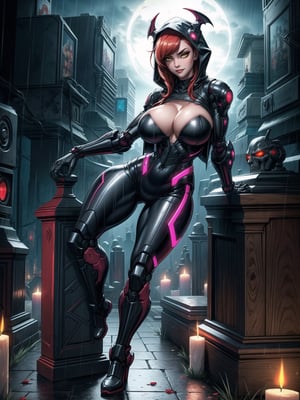 A vampire woman, wearing a black mecha suit with red parts + suit with circular lights + robotic armor, gigantic breasts, wearing a hood, red hair, hair with bangs in front of the eyes, straight hair, (looking at the viewer), (((sensual pose + Interacting + leaning on anything + object + leaning against))), in a futuristic cemetery at night raining, with many structures, tombstones, altars, coffins, candles illuminating the place, 16K, UHD, ((full body)), unreal engine 5, quality max, max resolution, ultra-realistic, ultra-detailed, maximum sharpness, (perfect_hands:1), ((perfect_legs)), Goodhands-beta2, ((cyberpunk, gigantic breasts, A vampire woman, wearing a hood))