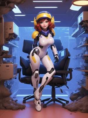 Solo woman, wearing mecha Suit+Gundam suit+cybernetic armor all white+parts in red+yellow, very tight body suit, wearing (robotic helmet with transparent color display, gigantic breasts), mohawk hair, blue hair, messy hair, ((looking directly at the viewer)), she is in a futuristic laboratory, with many machines with living beings inside, being shown by a display, computers, table with chair streaming, video games, window showing the city at night, (full body:1.5), 16k, UHD, super metroid, mecha, gundam, Unreal Engine 5, professional photography, she is, (((interaction and leaning on anything+object+on something+leaning against+sensual pose))), More detail, better_hands