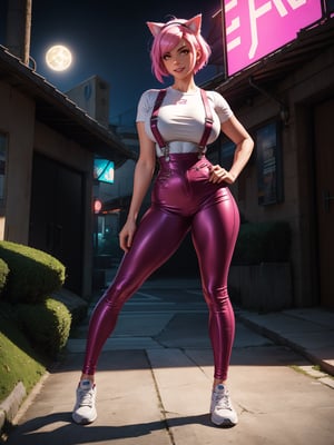 A woman, wearing blue overalls, white T-shirt, tight clothing, white sneakers, monstrously giant breasts, pink hair, short hair, hair with bangs in front of her eyes, (cat ears, with pink hair on her head), (((looking at the viewer, posing interacting and leaning [on something|on an object]))), in a digital city with many monsters, vehicles, machines, is at night, moon top left, ((full body):1.5), 16k, UHD, best possible quality, ultra detailed, best possible resolution, Unreal Engine 5, professional photography, well-detailed fingers, well-detailed hand, perfect_hands, ((super metroid)) + ((Digimon))