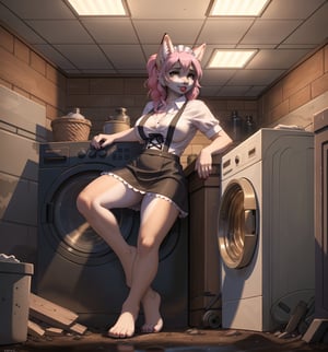 An ultra-detailed 16K masterpiece in Horror and Gothic styles, rendered in ultra-high resolution with extraordinary detail. | Ana, a young 23-year-old fox woman, is dressed in a maid uniform, consisting of a black skirt, white blouse and white apron. Her pink hair is short and disheveled, with a modern and stylish cut. ((Her golden eyes are looking at the viewer, smiling and showing her teeth, with red lipstick on her lips)). She is in a filthy basement, with dirt, mud, concrete structures, wooden structures, machines and computers all around. A washing machine, a work table and a shelf full of tools adorn the scene. | The image highlights Ana's imposing figure and the horror elements of the basement. The dirt, mud, concrete structures, wooden structures, machines and computers, along with the washing machine, work table and shelf full of tools, create a frightening and uncomfortable environment. The shadows created by the basement lights highlight the details of the scene and create a mysterious atmosphere. | Soft, shadowy lighting effects create a tense, fear-filled atmosphere, while detailed textures on skin, clothing, and structures add realism to the image. | Ana, a maid in a filthy basement, exploring themes of horror, mystery and fear. | (((The image reveals a full-body shot as Ana assumes a sensual pose, engagingly leaning against a structure within the scene in an exciting manner. She takes on a sensual pose as she interacts, boldly leaning on a structure, leaning back and boldly throwing herself onto the structure, reclining back in an exhilarating way.))). | ((((full-body shot)))), ((perfect pose)), ((perfect arms):1.2), ((perfect limbs, perfect fingers, better hands, perfect hands, hands)), ((perfect legs, perfect feet):1.2), ((huge breasts))++, ((perfect design)), ((perfect composition)), ((very detailed scene, very detailed background, perfect layout, correct imperfections)), Enhance, Ultra details++, More Detail, poakl