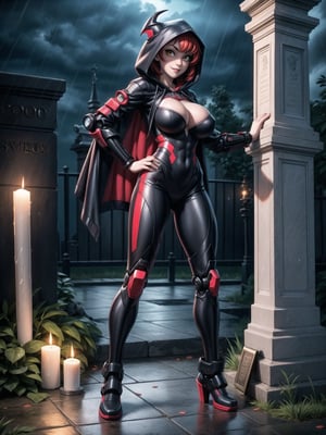 A vampire woman, wearing a black mecha suit with red parts+suit with circular lights+robotic armor, gigantic breasts, wearing a hood, very short hair, red hair, hair with bangs in front of the eyes, straight hair, (looking at the viewer), (((sensual pose+Interacting+leaning on anything+object+leaning against))), in a futuristic cemetery at night raining, with many structures, tombstones, altars, coffins, candles illuminating the place, 16K, UHD, (full body:1.5), unreal engine 5, quality max, max resolution, ultra-realistic, ultra-detailed, maximum sharpness, (perfect_hands:1), ((perfect_legs)), Goodhands-beta2, ((cyberpunk, gigantic breasts, A vampire woman, wearing a hood, extremely pale skin))