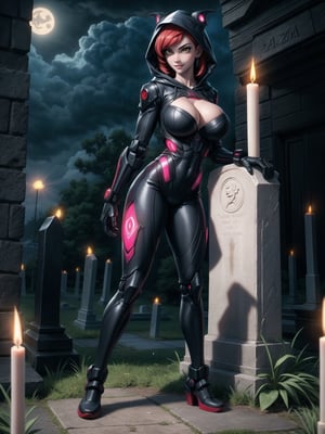 A vampire woman, wearing a black mecha suit with red parts+suit with circular lights+robotic armor, gigantic breasts, wearing a hood, very short hair, red hair, hair with bangs in front of the eyes, straight hair, (looking at the viewer), (((sensual pose+Interacting+leaning on anything+object+leaning against))), in a futuristic cemetery at night raining, with many structures, tombstones, altars, coffins, candles illuminating the place, 16K, UHD, (((full body))), unreal engine 5, quality max, max resolution, ultra-realistic, ultra-detailed, maximum sharpness, (perfect_hands:1), ((perfect_legs)), Goodhands-beta2, ((cyberpunk, gigantic breasts, A vampire woman, wearing a hood, extremely pale skin))