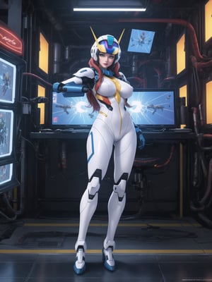 Solo woman, wearing mecha Suit+Gundam suit+cybernetic armor all white+parts in red+yellow, very tight body suit, wearing (robotic helmet with transparent color display, gigantic breasts), mohawk hair, blue hair, messy hair, ((looking directly at the viewer)), she is in a futuristic laboratory, with many machines with living beings inside, being shown by a display, computers, table with chair streaming, video games, window showing the city at night, (full body:1.5), 16k, UHD, super metroid, mecha, gundam, Unreal Engine 5, professional photography, she is, ((((interaction and leaning on anything+object+on something+leaning against+sensual pose)))), More detail, better_hands,