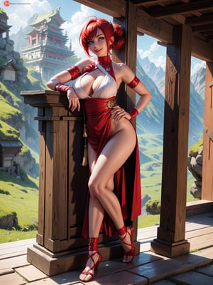 A woman, wearing white ninja costume with parts in red, monstrously gigantic breasts, red hair, very short hair, hair tied with clip, bangs in front of the eyes, looking at the viewer, (((erotic pose interacting and leaning on an object))), in a ninja temple, altar, weapons stuck on the walls, stone pillars, valley bottom on top of mountains,  ((full body):1.5). 16k, UHD, best possible quality, ((best possible detail):1), best possible resolution, Unreal Engine 5, professional photography,