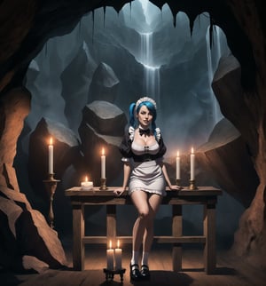 An ultra-detailed 16K masterpiece with macabre styles fused with fantastical elements, rendered in ultra-high resolution with realistic details. | A 33-year-old woman, dressed as a maid, wearing a simple blue uniform, white apron, black shoes and white socks. She has long blue hair, divided into two pigtails, and red eyes, looking at the viewer with a seductive and mysterious expression, smiling and showing her teeth. It is located in a macabre cave, with damp stone walls, stalactites and stalagmites, and a waterfall of dirty water falling to the floor. The cave has an altar made of wood and wooden architecture scattered throughout the environment. The dim light of a few candles illuminates the gloomy environment, creating dramatic shadows and highlighting the details of the scene. | The image highlights the woman's sensual figure and the cave's architectural elements. The rock and wooden structures, along with the woman, the altar, the pillars and the macabre sculptures, create a frightening and seductive environment. Thunder in the night sky illuminates the scene, creating dramatic shadows and highlighting the details of the scene. | Soft, shadowy lighting effects create a tense, desire-filled atmosphere, while rough, detailed textures on structures and costumes add realism to the image. | A sensual and terrifying scene of a woman dressed as a maid in a macabre cave, fusing elements of macabre art and fantasy. | ((((The image reveals a full-body shot of the character as she assumes a sensual pose. She enticingly leans, throws herself, and supports herself against a structure within the scene in an exciting manner. While leaning back, she takes on a sensual pose, boldly throwing herself onto the structure and reclining back in an exhilarating way.)))). | ((((full-body shot)))), ((perfect pose)), ((perfect fingers, better hands, perfect hands)), ((perfect legs, perfect feet)), ((huge breasts)), ((perfect design)), ((perfect composition)), ((very detailed scene, very detailed background, perfect layout, correct imperfections)), More Detail, Enhance