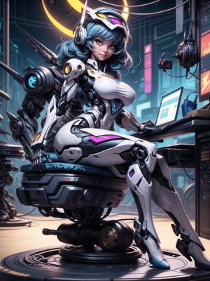 A woman, wearing ((all white mecha suit with blue parts, huge breasts, wearing helmet with colored visor):1), blue hair, hair with bangs in front of eyes, (looking at the viewer), (((sensual pose+Interacting+leaning on anything+object+leaning against))), in a laboratory with chair, machines, computers, window showing the city at night, 16K, UHD, ((full body)), unreal engine 5, quality max, max resolution, ultra-realistic, ultra-detailed, maximum sharpness, ((perfect_hands)), ((perfect_legs)), Goodhands-beta2, ((mecha, cyberpunk))