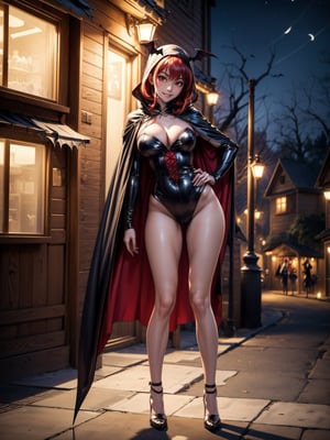 ((1woman)), ((wearing erotic vampire costume, with long cape, bat wings on head, very pale and whitish skin)), ((gigantic breasts)), ((short red hair, hair with bangs in front of the eyes)), ((staring at the viewer)), 1woman [((leaning against a very high mailbox doing erotic pose|leaning against a large wooden board stuck on the floor, doing erotic pose))], ((halloween party, multiple people with different costumes in the neighborhood, it's at night, light poles illuminating, the neighborhood)), (((full body))), 16k, UHD, ((better quality, better resolution, better detail)),