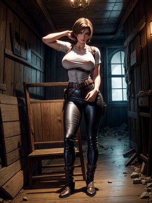 1woman, white T-shirt and long brown leather pants, black boot, extremely erotic clothing, extremely gigantic breasts, brown hair, very short hair, straight hair, hair with bangs in front of the eyes, looking at the viewer, (((erotic pose interacting and leaning on something))), in an old house all destroyed with furniture, altars, window showing a village at night and full moon at the top right,  ((full body):1.5), ((Resident Evil 4)),16k, UHD, best possible quality, ((ultra detailed):1), best possible resolution, Unreal Engine 5, professional photography, perfect_hands