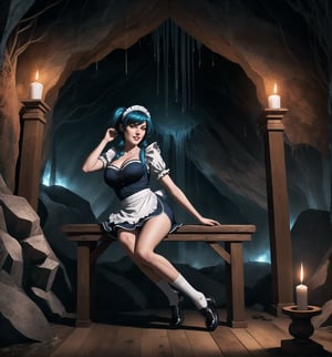 An ultra-detailed 16K masterpiece with macabre styles fused with fantastical elements, rendered in ultra-high resolution with realistic details. | A 33-year-old woman, dressed as a maid, wearing a simple blue uniform, white apron, black shoes and white socks. She has long blue hair, divided into two pigtails, and red eyes, looking at the viewer with a seductive and mysterious expression, smiling and showing her teeth. It is located in a macabre cave, with damp stone walls, stalactites and stalagmites, and a waterfall of dirty water falling to the floor. The cave has an altar made of wood and wooden architecture scattered throughout the environment. The dim light of a few candles illuminates the gloomy environment, creating dramatic shadows and highlighting the details of the scene. | The image highlights the woman's sensual figure and the cave's architectural elements. The rock and wooden structures, along with the woman, the altar, the pillars and the macabre sculptures, create a frightening and seductive environment. Thunder in the night sky illuminates the scene, creating dramatic shadows and highlighting the details of the scene. | Soft, shadowy lighting effects create a tense, desire-filled atmosphere, while rough, detailed textures on structures and costumes add realism to the image. | A sensual and terrifying scene of a woman dressed as a maid in a macabre cave, fusing elements of macabre art and fantasy. | ((((The image reveals a full-body shot of the character as she assumes a sensual pose. She enticingly leans, throws herself, and supports herself against a structure within the scene in an exciting manner. While leaning back, she takes on a sensual pose, boldly throwing herself onto the structure and reclining back in an exhilarating way.)))). | ((((full-body shot)))), ((perfect pose)), ((perfect fingers, better hands, perfect hands)), ((perfect legs, perfect feet)), ((huge breasts)), ((perfect design)), ((perfect composition)), ((very detailed scene, very detailed background, perfect layout, correct imperfections)), More Detail, Enhance