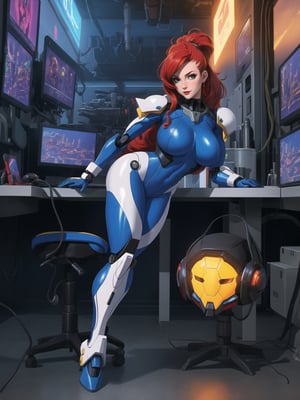 Solo woman, wearing mecha Suit+Gundam suit+cybernetic armor all white+parts in red+yellow, very tight body suit, wearing (robotic helmet with transparent color display, gigantic breasts), mohawk hair, blue hair, messy hair, ((looking directly at the viewer)), she is in a futuristic laboratory, with many machines with living beings inside, being shown by a display, computers, table with chair streaming, video games, window showing the city at night, 16k, UHD, best possible quality, ultra detailed, best possible resolution, Unreal Engine 5, super metroid, mecha, gundam, she is, ((interaction and leaning on anything+object+on something+leaning against+sensual pose+full body)), More detail, better_hands,