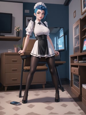 Solo woman, wearing maid's costume, all black with white parts, very short white skirt, gigantic breasts, mohawk hair, blue hair, messy hair, looking directly at the viewer, she is in a very large apartment, with furniture, computers, plasma TV, bed, glass table, chair, window, instant, 16k, UHD, best possible quality, ultra detailed,  best possible resolution, Unreal Engine 5, professional photography, she is, ((interaction and leaning on anything+object+on something+leaning against+sensual pose))+(full body:1.4), More detail, better_hands ,perfect