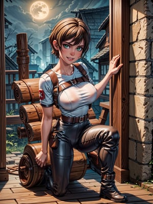 1woman, white T-shirt and long brown leather pants, black boot, extremely erotic clothing, extremely gigantic breasts, brown hair, very short hair, straight hair, hair with bangs in front of the eyes, looking at the viewer, (((erotic pose interacting and leaning on something))), in an old house all destroyed with lots of furniture, altars, window showing a village at night and a full moon at the top right, ((full body):1.5), ((Resident Evil 4)),16k, UHD, best possible quality, ((ultra detailed):1.2), best possible resolution, Unreal Engine 5, professional photography, perfect_hands