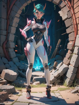 A woman, wearing a mecha suit+cybernetic armor+latex suit, suit with all white with parts in red, suit covering the whole body, suit with lights attached, gigantic breasts, horns on the head, green hair, very short hair, mohawk hair, hair with bangs in front of the eyes, (looking at the viewer), ((((sensual pose+Interacting+leaning on anything+object+leaning against)))) in the underworld in a battlefield, with many stone structures, altars with ancient writings, monsters fallen on the ground, glowing slimes, destroyed torture machines, wooden boards, large stones destroyed, altars with ancient writings, many demons, ((horns, gigantic breasts)), 16K, UHD, unreal engine 5, (full body:1.5), quality max, max resolution, more detail, ultra-realistic, ultra-detailed, maximum sharpness, perfect_hands, better_hand, 