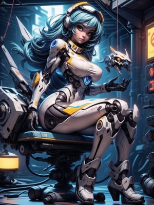 A woman, wearing ((all white mecha suit with blue parts, huge breasts, wearing helmet with colored visor):1), blue hair, hair with bangs in front of eyes, (looking at the viewer), (((sensual pose+Interacting+leaning on anything+object+leaning against))), in a laboratory with chair, machines, computers, window showing the city at night, 16K, UHD, ((full body)), unreal engine 5, quality max, max resolution, ultra-realistic, ultra-detailed, maximum sharpness, ((perfect_hands)), ((perfect_legs)), Goodhands-beta2, ((mecha, cyberpunk))