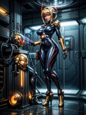 Just one woman, wearing mecha costume+Samus Aran costume+spider man costume, black with golden parts, gigantic breasts, multicolored hair, very short hair, straight hair, hair with bangs in front of the eyes, cybernetic helmet on the head, looking at the viewer, (((erotic pose interacting and leaning on something))), in a spaceship, with many machines,  robots, elevator, pipes with luminous water, window showing outer space, ((full body):1.5),16k, UHD, best possible quality, ((ultra detailed):1.2), best possible resolution, Unreal Engine 5, professional photography, perfect_hands