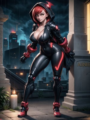 A vampire woman, wearing a black mecha suit with red parts+suit with circular lights+robotic armor, gigantic breasts, wearing a hood, very short hair, red hair, hair with bangs in front of the eyes, straight hair, (looking at the viewer), (((sensual pose+Interacting+leaning on anything+object+leaning against))), in a futuristic cemetery at night raining, with many structures, tombstones, altars, coffins, candles illuminating the place, 16K, UHD, (full body:1.5), unreal engine 5, quality max, max resolution, ultra-realistic, ultra-detailed, maximum sharpness, (perfect_hands:1), ((perfect_legs)), Goodhands-beta2, ((cyberpunk, gigantic breasts, A vampire woman, wearing a hood, extremely pale skin))