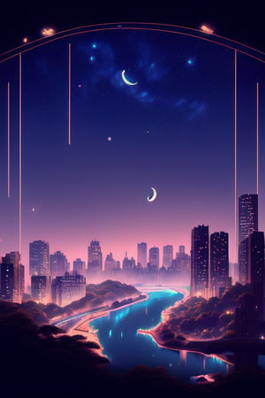 Night, Stars, city, lights, landscape, sky, high_resolution, distant city, river, moon,fate/stay background, Perspective