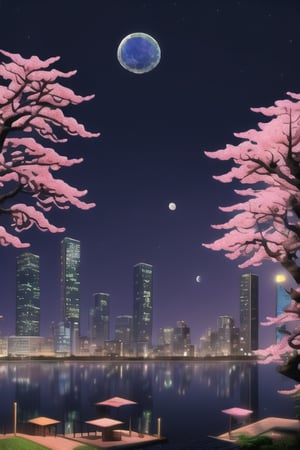 Night, Stars, city, lights, landscape, sky, high_resolution, distant city, Lake, moon,fate/stay background, Perspective, sakura_trees