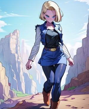 masterpiece, best quality, detailed face, detailed eyes, walking,shorthair,blonde hair, minimalist,perfecteyes,full_body, teen_girl, midnight,Android_18_DB, Rocky_scenary