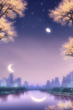 Night, Stars, city, lights, landscape, sky, high_resolution, distant city, River, moon, fate/stay background, Perspective, sakura_trees