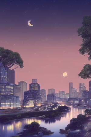 Night, Stars, city, lights, landscape, sky, high_resolution, distant city, River, moon, fate/stay background, Perspective