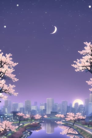 Night, Stars, city, lights, landscape, sky, high_resolution, distant city, River, moon, fate/stay background, Perspective, sakura_trees