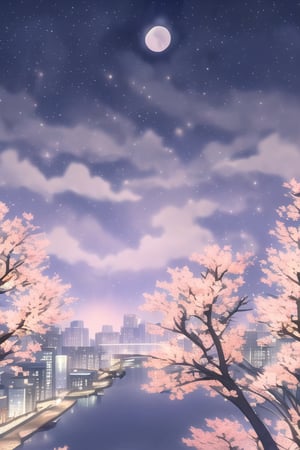 Night, Stars, city, lights, landscape, sky, high_resolution, distant city, River, moon, fate/stay background, Perspective, sakura_trees