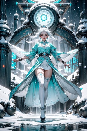 snow queen, cute girls, high_res, best quality, extremely detailed, area lighting in background, HD, 8k, 1girl, cute, queen dress, (cyan dress, cyan eyes), (glowing eyes:1.4), glowing energy, long hair, white hair, power pose, belts, tiara, stockings, ice castle, blue tones, beautiful figure, thin waist, wide hips, scarlet lips, snowing, glare, sparcles, particles, ice throne, white skin, skirt, reflection, magic glow, (ice roses),weapon