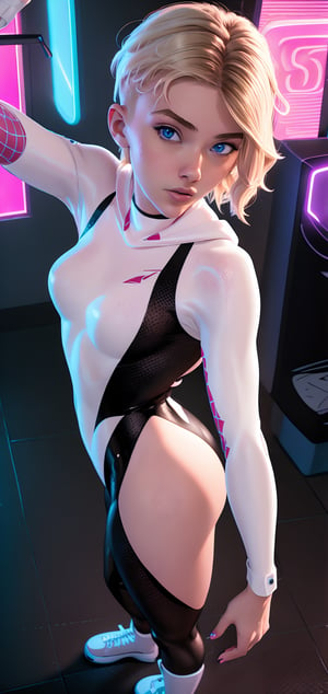 1girl, solo, ((masterpiece)), 17 year old, gwen stacy, animefication, blonde short hair, undercut, asymmetrical hair, selfie, body suit, blue eyes, from above, absurdres, medium breasts, extremely delicate and beautiful, extremely detailed, dimly neon light, graffity art, (best-quality:0.8)